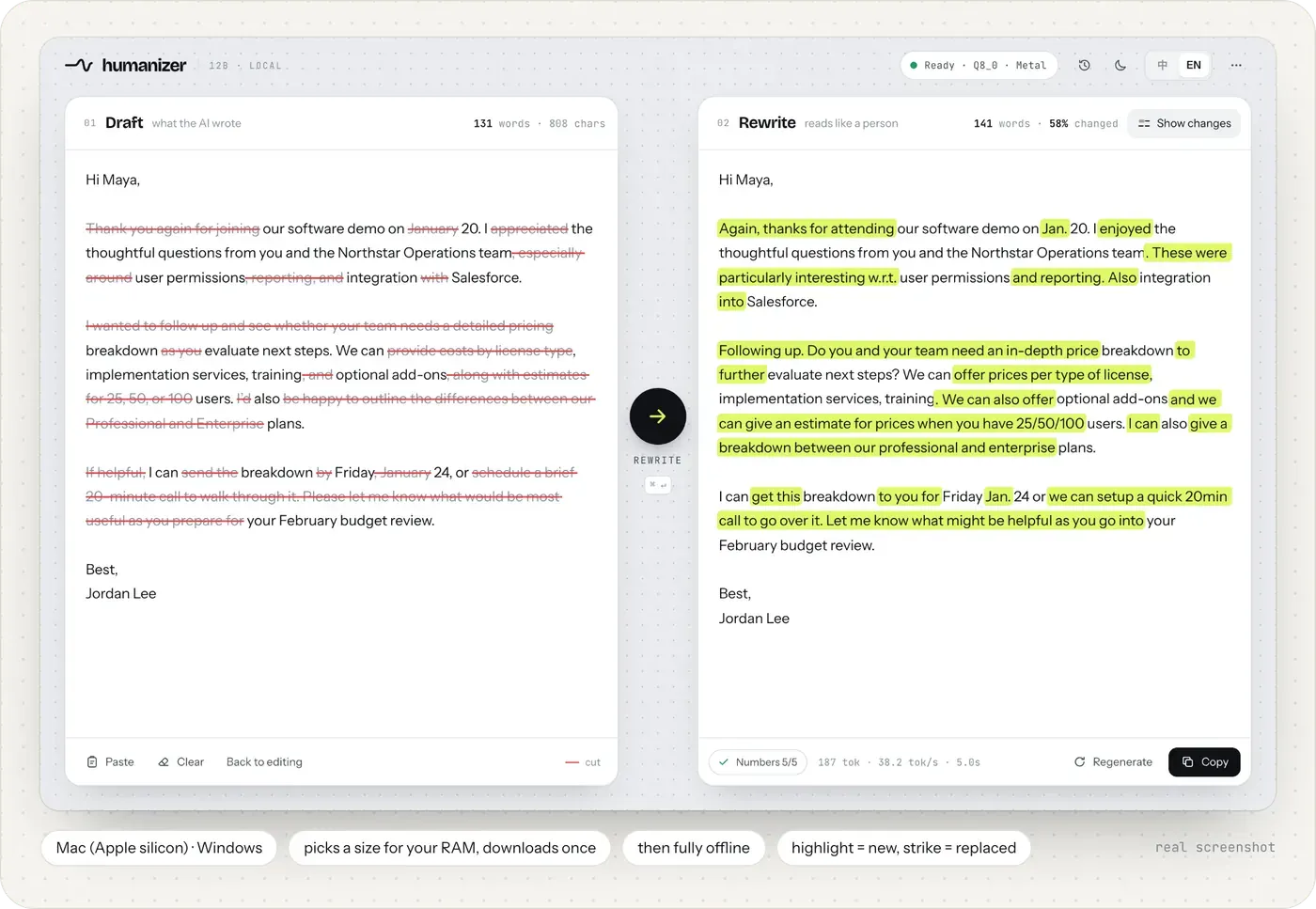 Official humanizer desktop app showing a draft on the left and a rewritten version with highlighted wording changes on the right