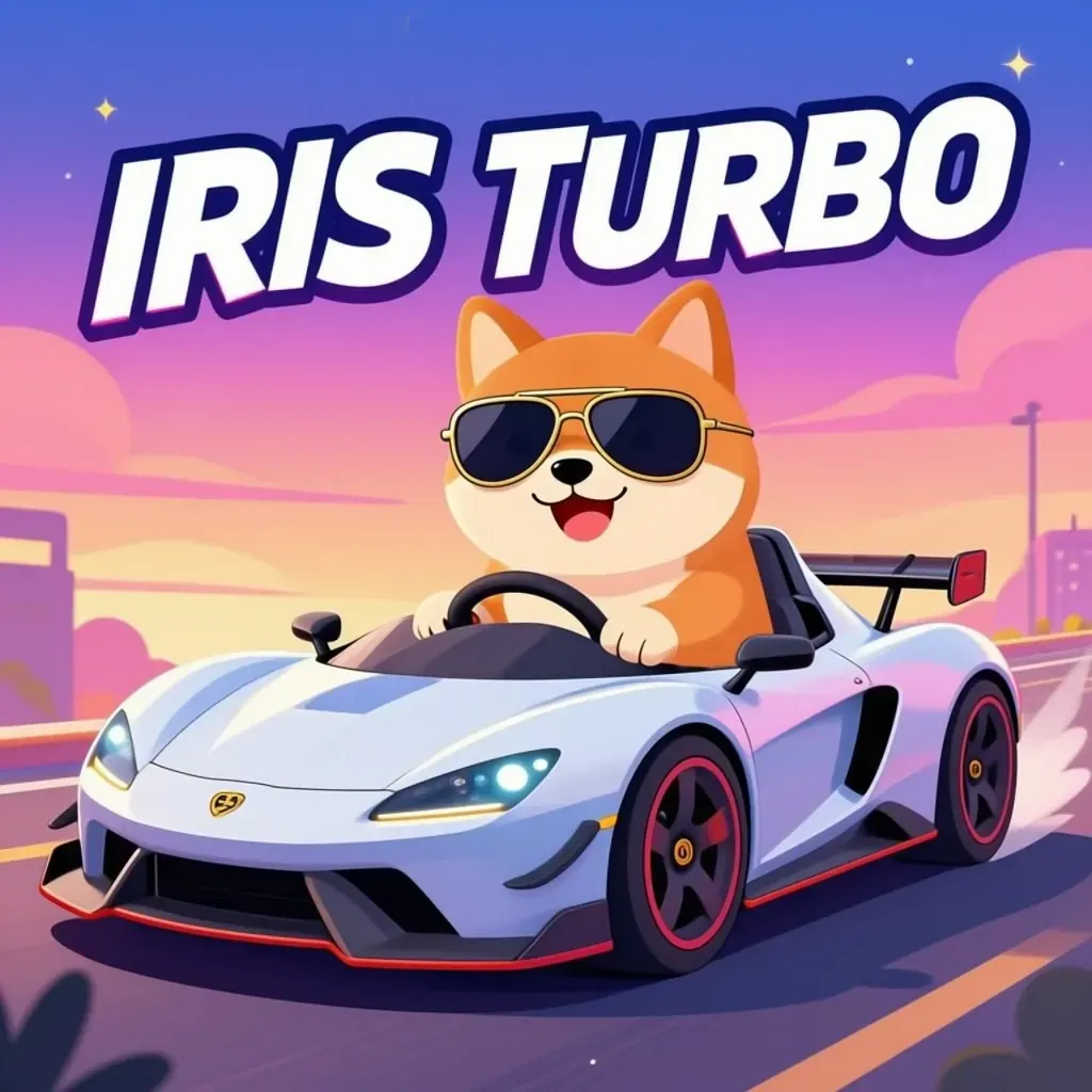 Official Iris-3B Turbo sample of a cartoon shiba inu driving a supercar under “IRIS TURBO” lettering